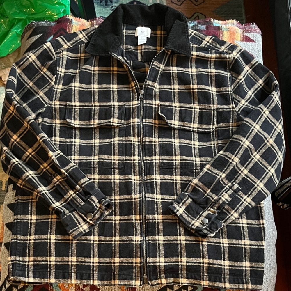 Black & Tan Plaid 100% Cotton Flannel Full Zip Jacket Sz L
